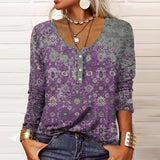 Long Sleeve Geometric Floral U-Neck Button T-Shirt