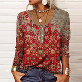 Long Sleeve Geometric Floral U-Neck Button T-Shirt