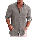 Men's Cotton Linen Plaid Long Sleeve Shirt