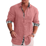 Men's Cotton Linen Plaid Long Sleeve Shirt