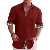 Men's Cotton Linen Plaid Long Sleeve Shirt