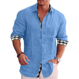 Men's Cotton Linen Plaid Long Sleeve Shirt