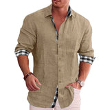 Men's Cotton Linen Plaid Long Sleeve Shirt