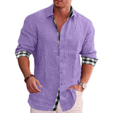 Men's Cotton Linen Plaid Long Sleeve Shirt