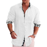 Men's Cotton Linen Plaid Long Sleeve Shirt