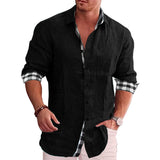 Men's Cotton Linen Plaid Long Sleeve Shirt