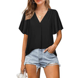 Pleated Loose V-neck Chiffon Shirt