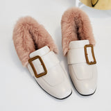 Rabbit Fur Chunky Buckle Fleece Loafers