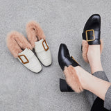 Rabbit Fur Chunky Buckle Fleece Loafers