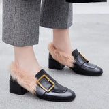 Rabbit Fur Chunky Buckle Fleece Loafers