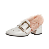 Rabbit Fur Chunky Buckle Fleece Loafers