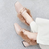 Retro  Square Toe Loafers With Rabbit Fur