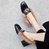 Retro  Square Toe Loafers With Rabbit Fur