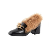 Retro  Square Toe Loafers With Rabbit Fur