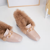 Retro  Square Toe Loafers With Rabbit Fur