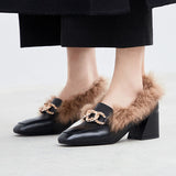 Retro  Square Toe Loafers With Rabbit Fur