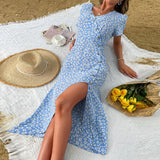 Edwina Slit Midi Dress-Blue Print