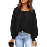 Women Square Neck Long Puff Sleeve Raglan Waffle Knit Shirt Top