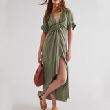 Women's Twist Front Puff Sleeve Solid Slit Maxi Dress