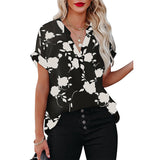 Womens Chiffon Floral Printed Notched Neck Cuffed Short Sleeve Blouse