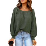Women Square Neck Long Puff Sleeve Raglan Waffle Knit Shirt Top