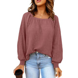 Women Square Neck Long Puff Sleeve Raglan Waffle Knit Shirt Top