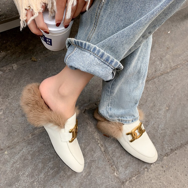 Slip-on Leather Rabbit Fur Loafers