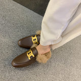 Slip-on Leather Rabbit Fur Loafers