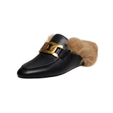 Slip-on Leather Rabbit Fur Loafers