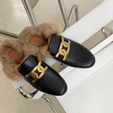 Slip-on Leather Rabbit Fur Loafers