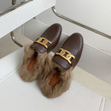 Slip-on Leather Rabbit Fur Loafers