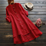 Solid Button Cotton Linen Shirt Dress