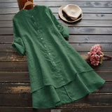 Solid Button Cotton Linen Shirt Dress