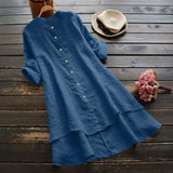 Solid Button Cotton Linen Shirt Dress