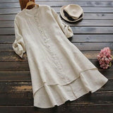 Solid Button Cotton Linen Shirt Dress
