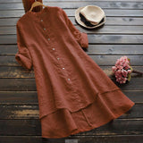 Solid Button Cotton Linen Shirt Dress