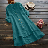 Solid Button Cotton Linen Shirt Dress