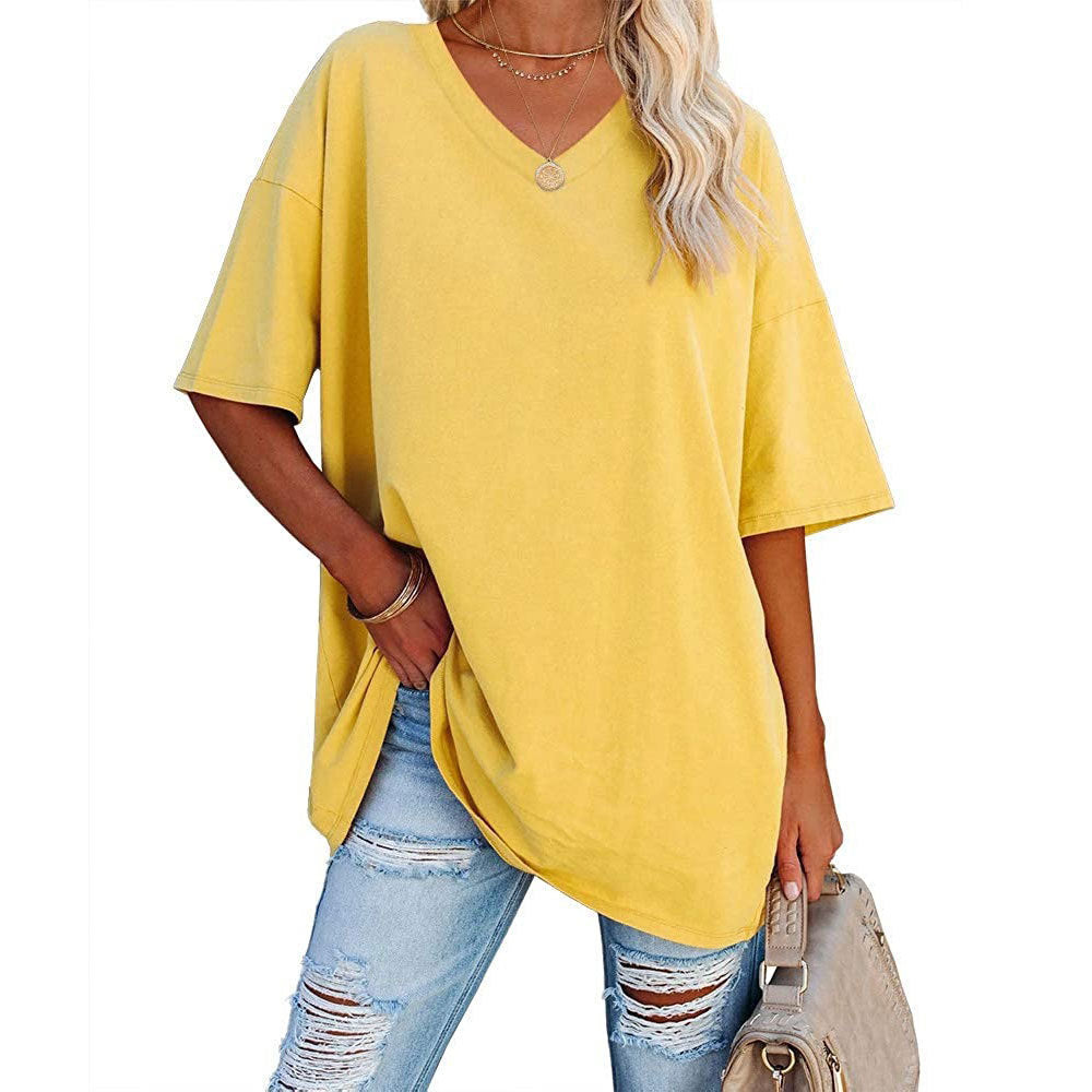 Solid Color Loose V-Neck T-Shirt