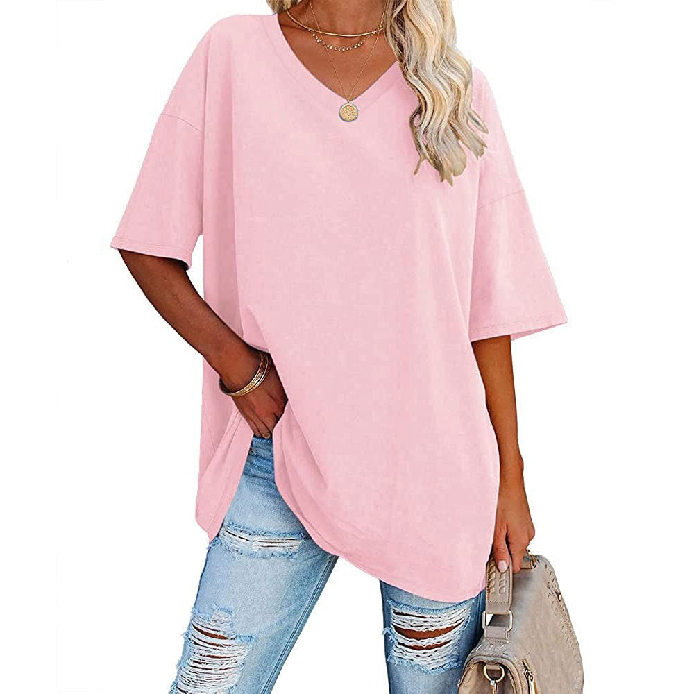 Solid Color Loose V-Neck T-Shirt