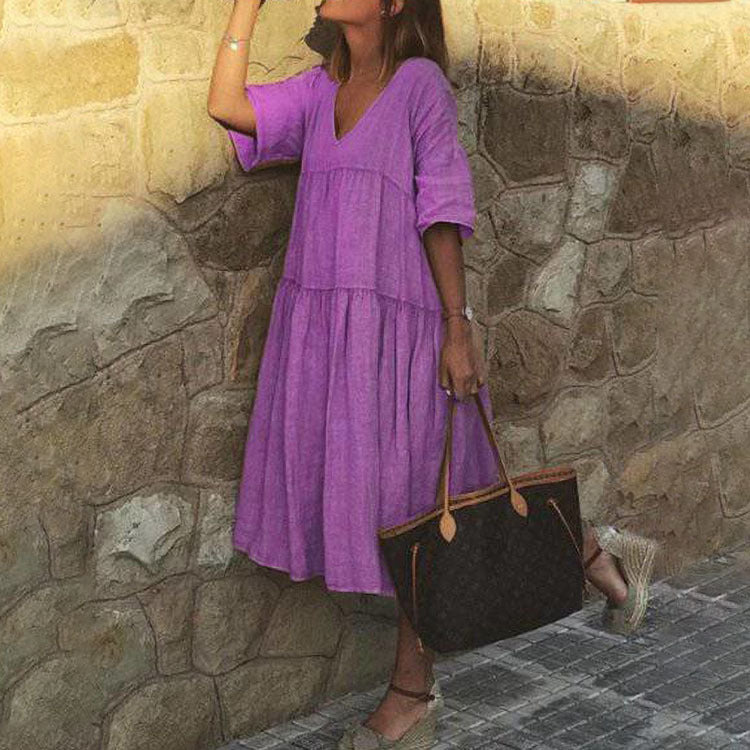 Solid Color Mid Sleeve Cotton Loose Maxi Dress