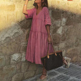 Solid Color Mid Sleeve Cotton Loose Maxi Dress