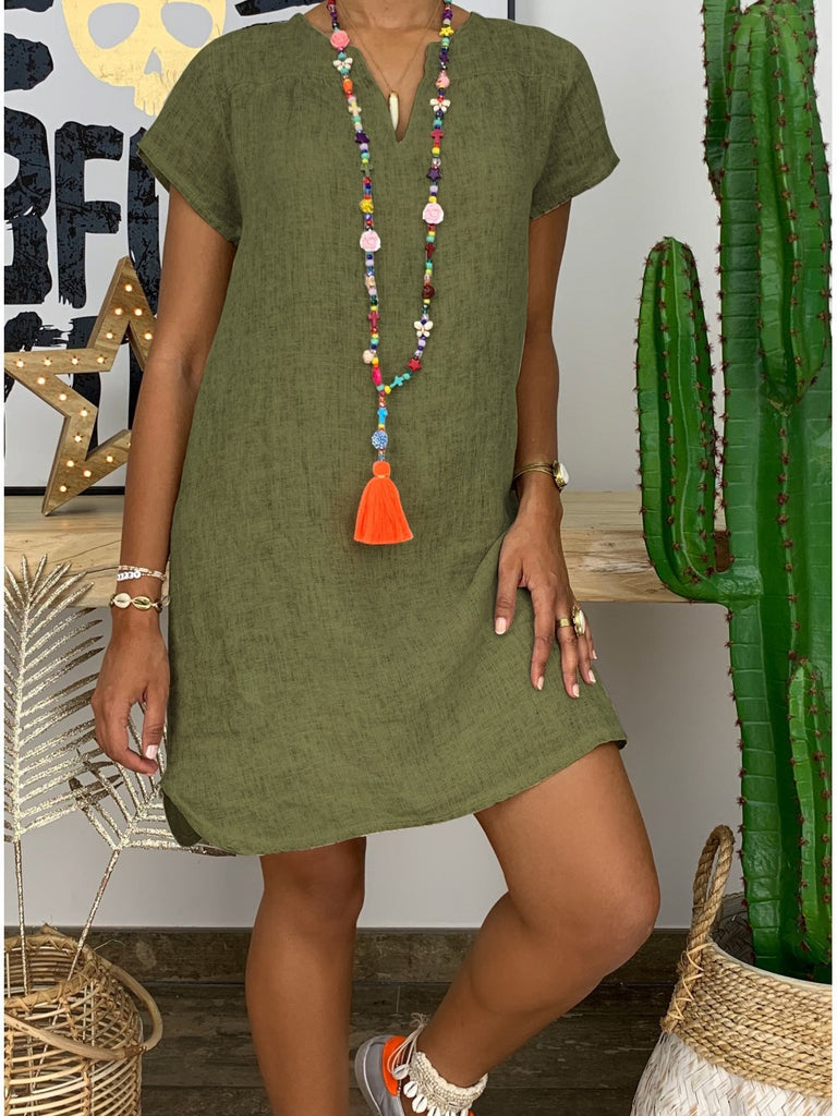 V-Neck Cotton Linen Dress
