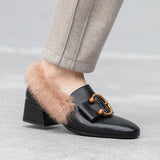 Square Heel Delicate Rabbit Fur Loafers