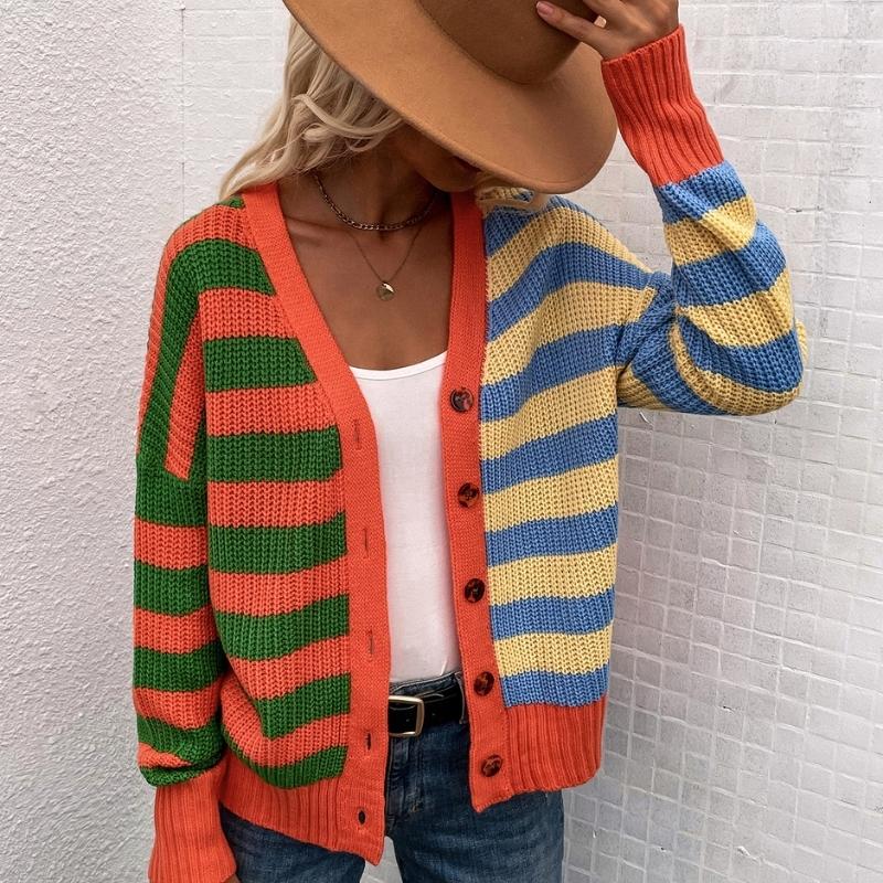Striped Colorblock Knit Single-Breasted Cardigan