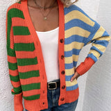 Striped Colorblock Knit Single-Breasted Cardigan