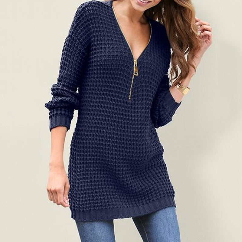 Stylish V Neck Long Sleeve Zipper Sweater