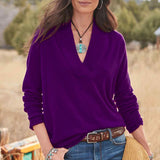V-neck Pullover Solid Loose Long Sleeve Top