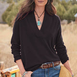 V-neck Pullover Solid Loose Long Sleeve Top