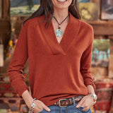 V-neck Pullover Solid Loose Long Sleeve Top