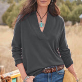 V-neck Pullover Solid Loose Long Sleeve Top